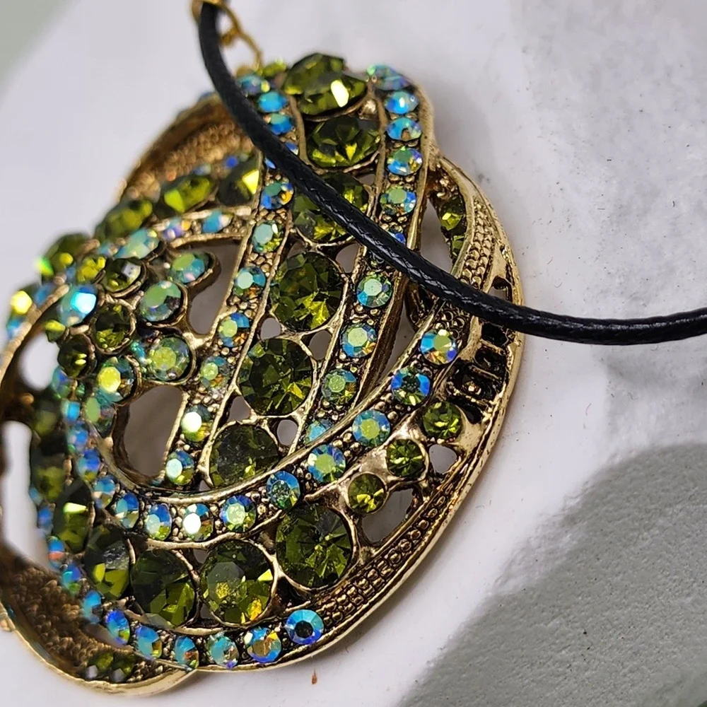 Olive Green Rhinestone Pendant Necklace Gold Tone AB Crystal Statement Glam
